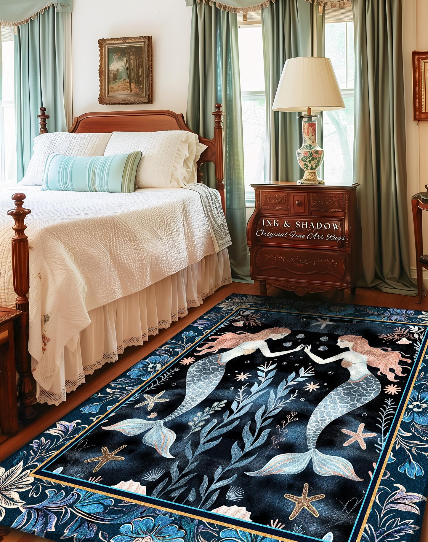 Mystical Midnight Blue Mermaid Rug Floral Oceanic Decor | Art Nouveau Coastal Cottagecore Whimsical Sea Nymph Nautical Fantasy Floor Accent