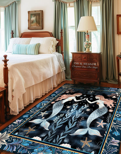Mystical Midnight Blue Mermaid Rug Floral Oceanic Decor | Art Nouveau Coastal Cottagecore Whimsical Sea Nymph Nautical Fantasy Floor Accent