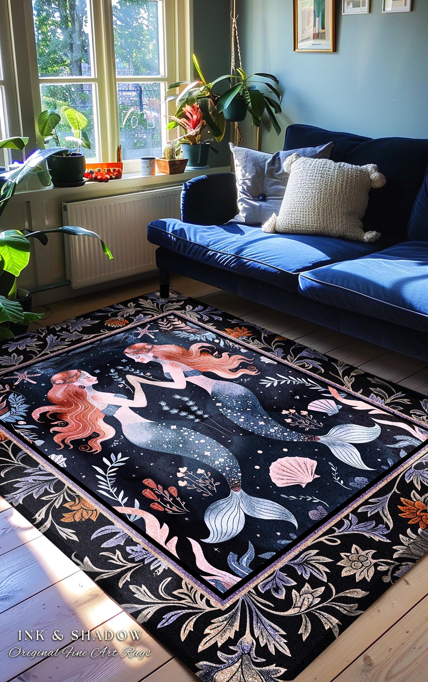 Ocean Sea Nymph Rug Art Nouveau Mystical Mermaid Underwater Decor | Whimsical Dark Oceanic Enchanted Fantasy Folklore Floor Mat Home Accent