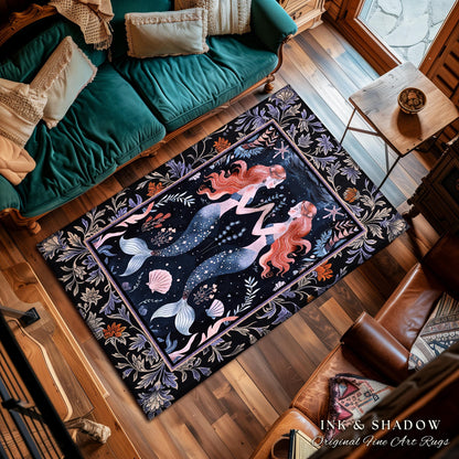 Ocean Sea Nymph Rug Art Nouveau Mystical Mermaid Underwater Decor | Whimsical Dark Oceanic Enchanted Fantasy Folklore Floor Mat Home Accent