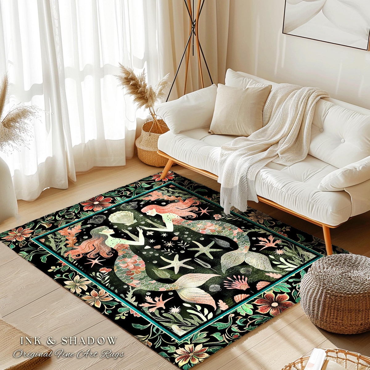 Art Nouveau Mermaid Rug Whimsical Coastal Folklore Floor Decor | Vintage Seafoam Green Enchanted Ocean Underwater Sea Maiden Whimsy Scene