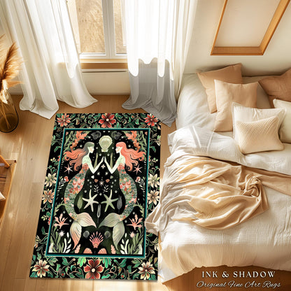 Art Nouveau Mermaid Rug Whimsical Coastal Folklore Floor Decor | Vintage Seafoam Green Enchanted Ocean Underwater Sea Maiden Whimsy Scene