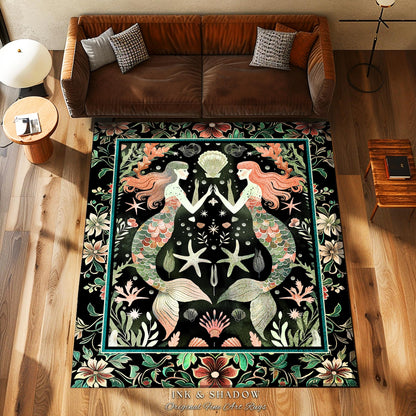 Art Nouveau Mermaid Rug Whimsical Coastal Folklore Floor Decor | Vintage Seafoam Green Enchanted Ocean Underwater Sea Maiden Whimsy Scene