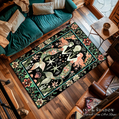 Art Nouveau Mermaid Rug Whimsical Coastal Folklore Floor Decor | Vintage Seafoam Green Enchanted Ocean Underwater Sea Maiden Whimsy Scene