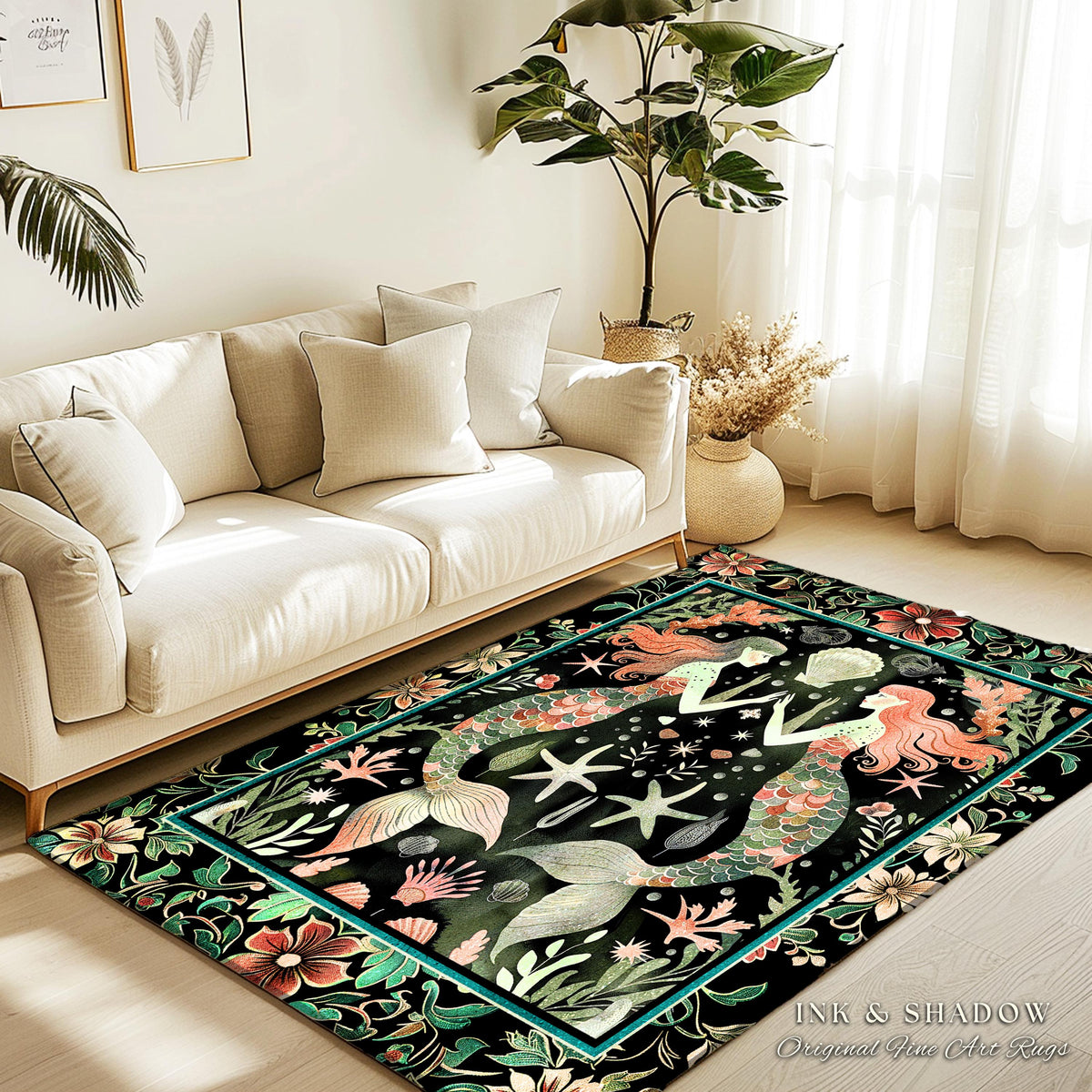 Art Nouveau Mermaid Rug Whimsical Coastal Folklore Floor Decor | Vintage Seafoam Green Enchanted Ocean Underwater Sea Maiden Whimsy Scene