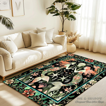 Art Nouveau Mermaid Rug Whimsical Coastal Folklore Floor Decor | Vintage Seafoam Green Enchanted Ocean Underwater Sea Maiden Whimsy Scene