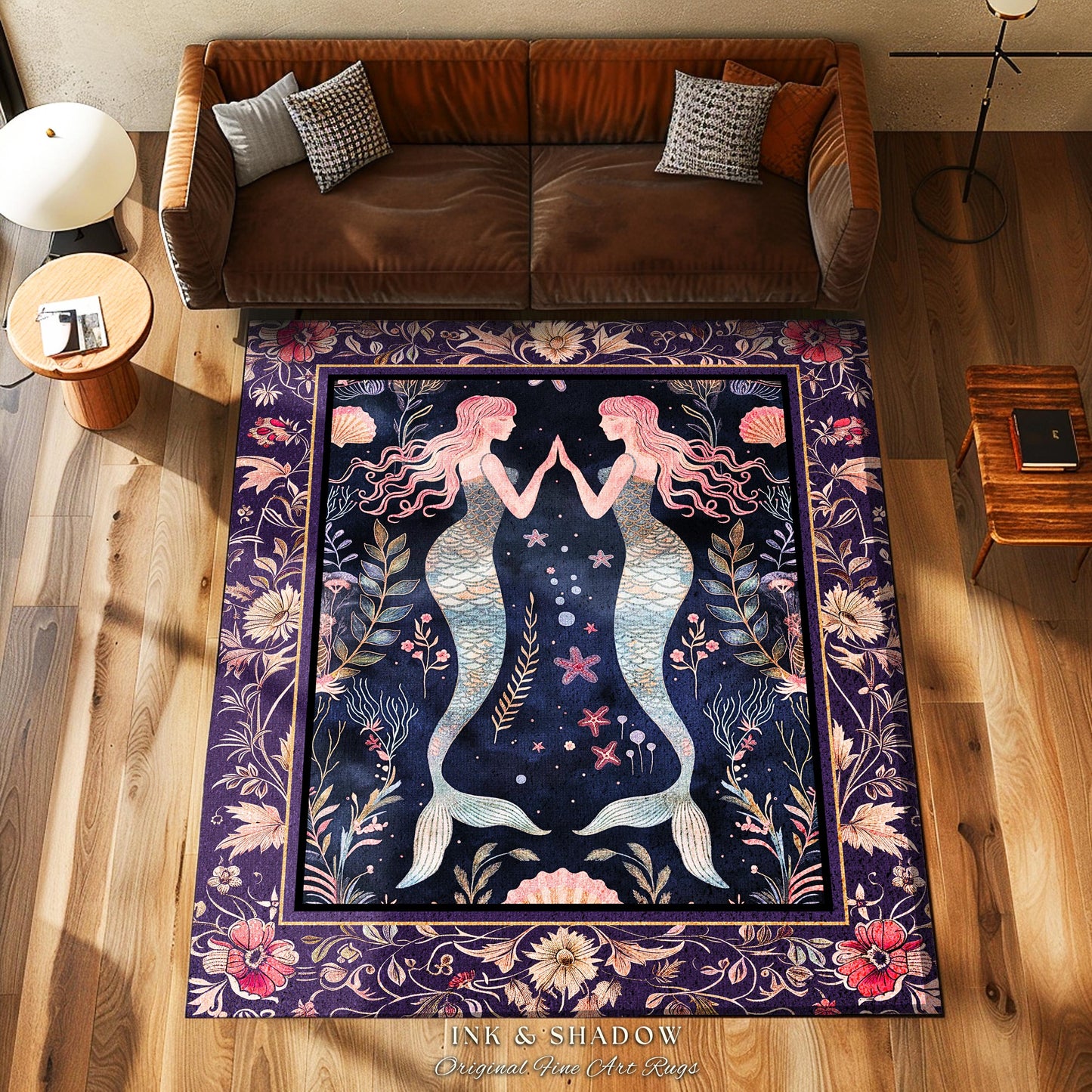 Retro Art Deco Mermaid Rug Whimsical Coastal Cottagecore | Vintage Purple Floral Enchanted Underwater Fantasy Siren Sisters Sea Scene Decor