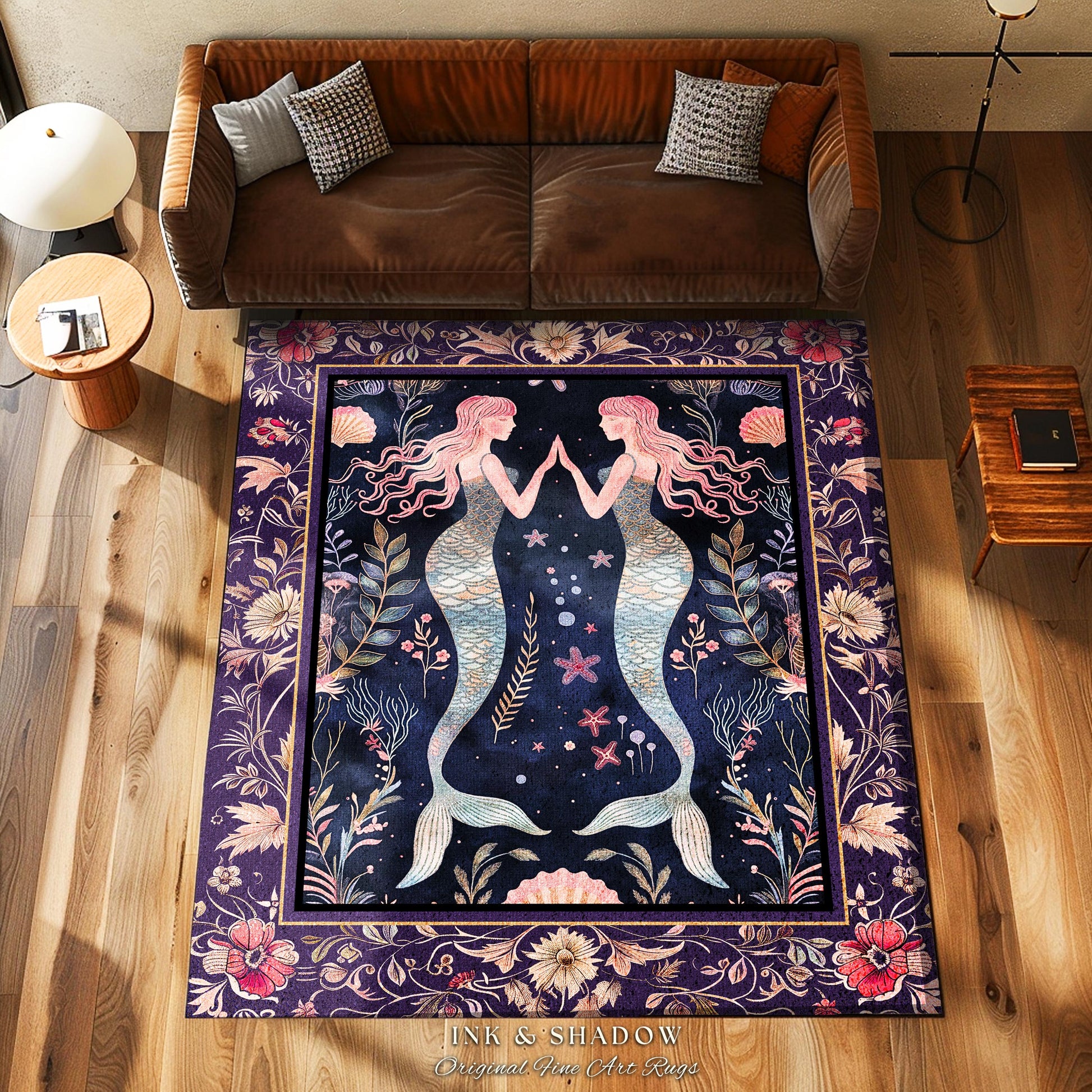 Retro Art Deco Mermaid Rug Whimsical Coastal Cottagecore | Vintage Purple Floral Enchanted Underwater Fantasy Siren Sisters Sea Scene Decor