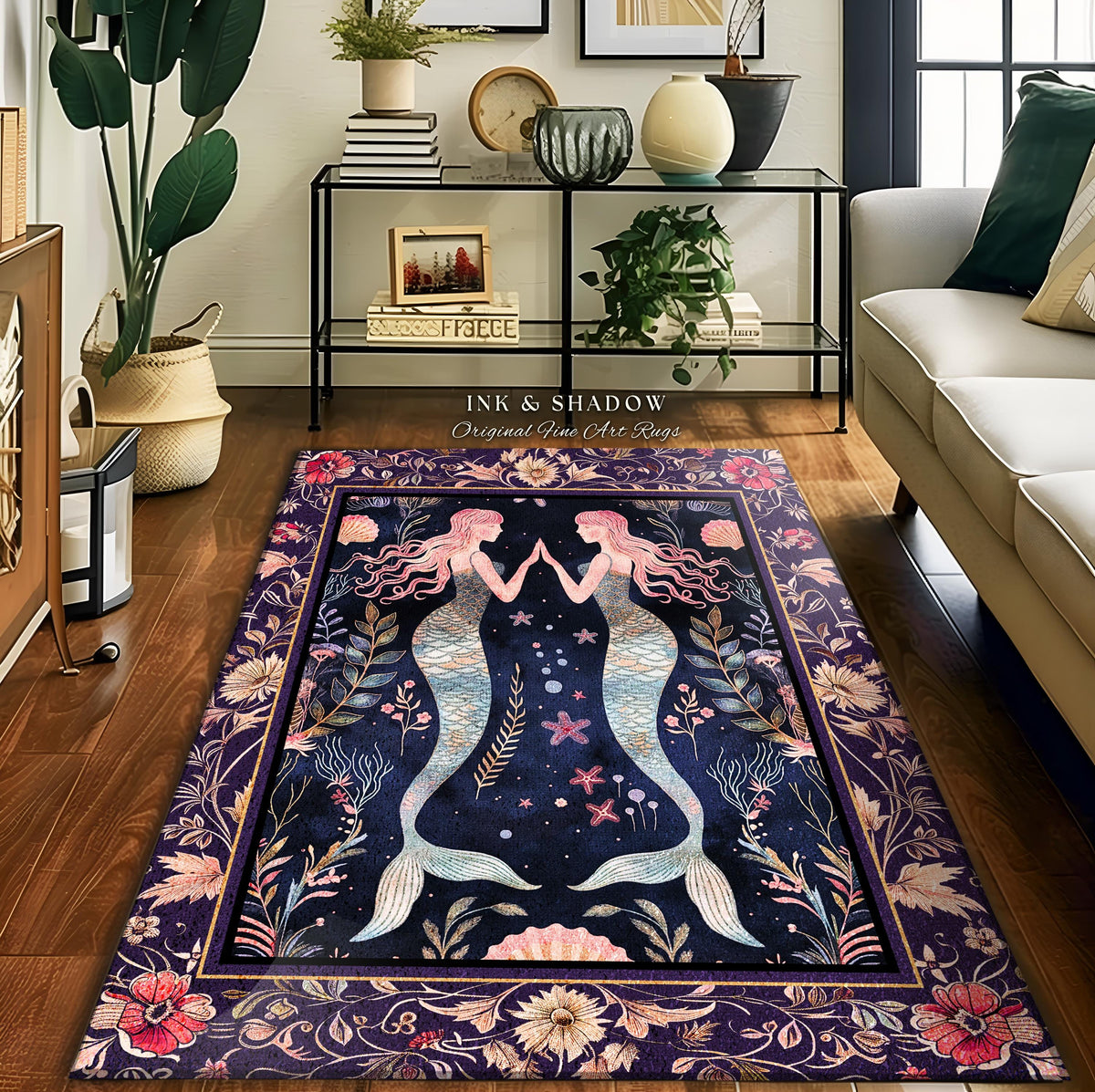 Retro Art Deco Mermaid Rug Whimsical Coastal Cottagecore | Vintage Purple Floral Enchanted Underwater Fantasy Siren Sisters Sea Scene Decor