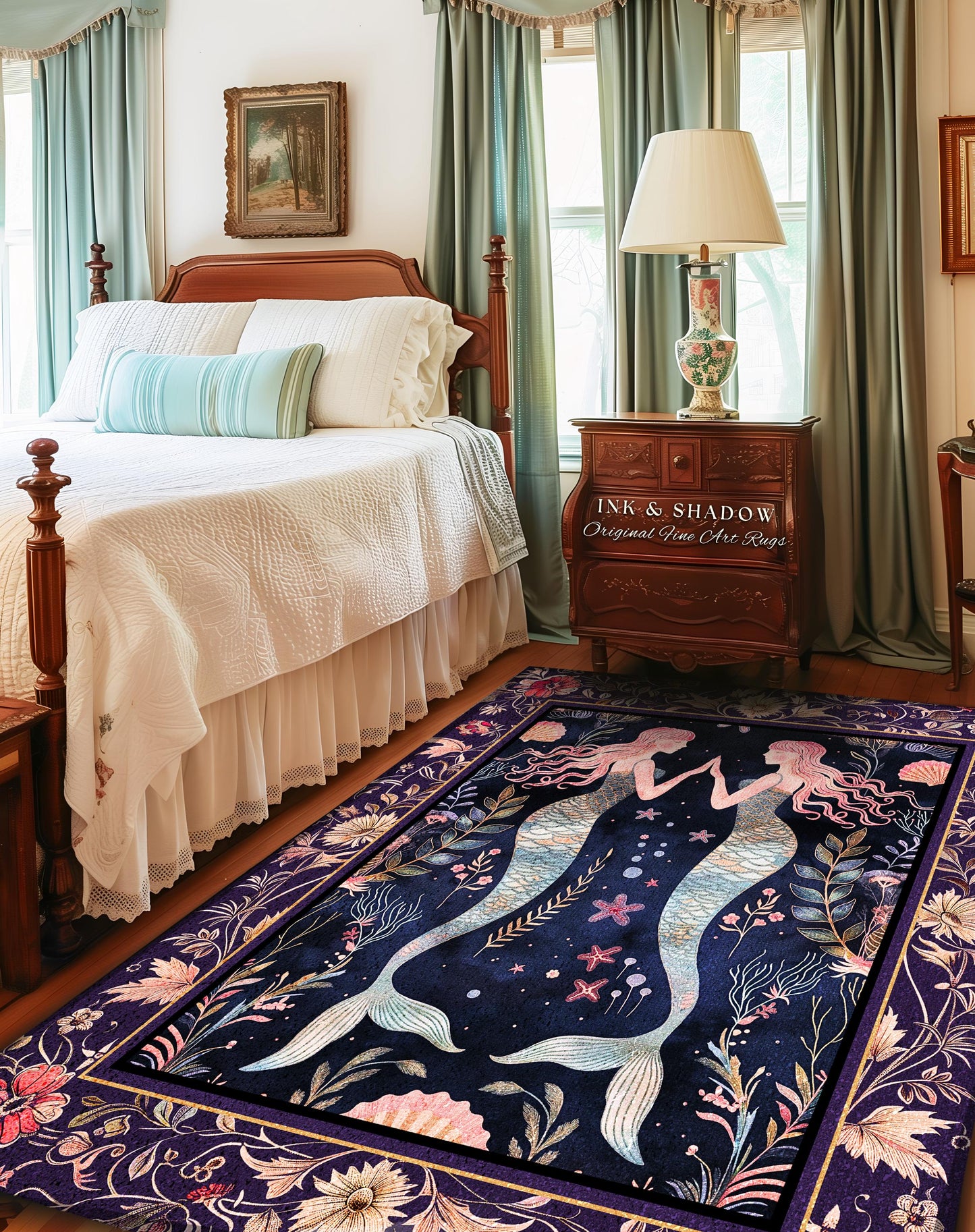 Retro Art Deco Mermaid Rug Whimsical Coastal Cottagecore | Vintage Purple Floral Enchanted Underwater Fantasy Siren Sisters Sea Scene Decor