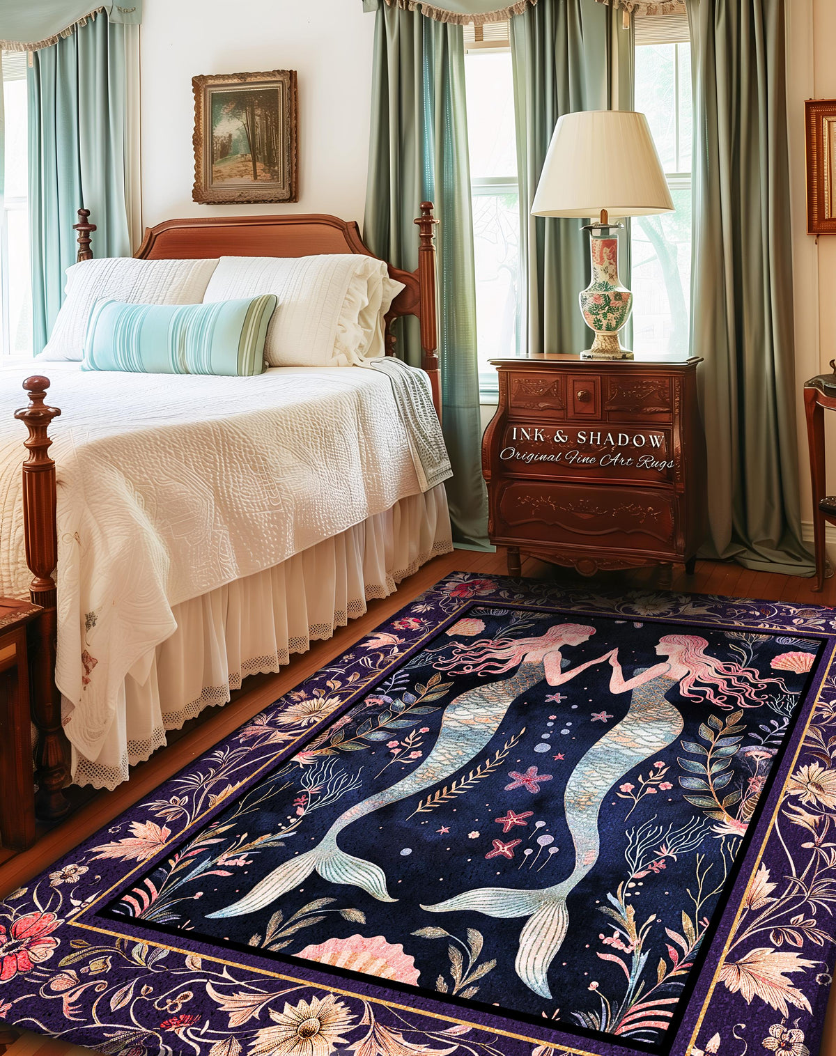 Retro Art Deco Mermaid Rug Whimsical Coastal Cottagecore | Vintage Purple Floral Enchanted Underwater Fantasy Siren Sisters Sea Scene Decor