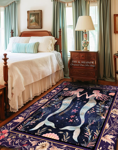 Retro Art Deco Mermaid Rug Whimsical Coastal Cottagecore | Vintage Purple Floral Enchanted Underwater Fantasy Siren Sisters Sea Scene Decor