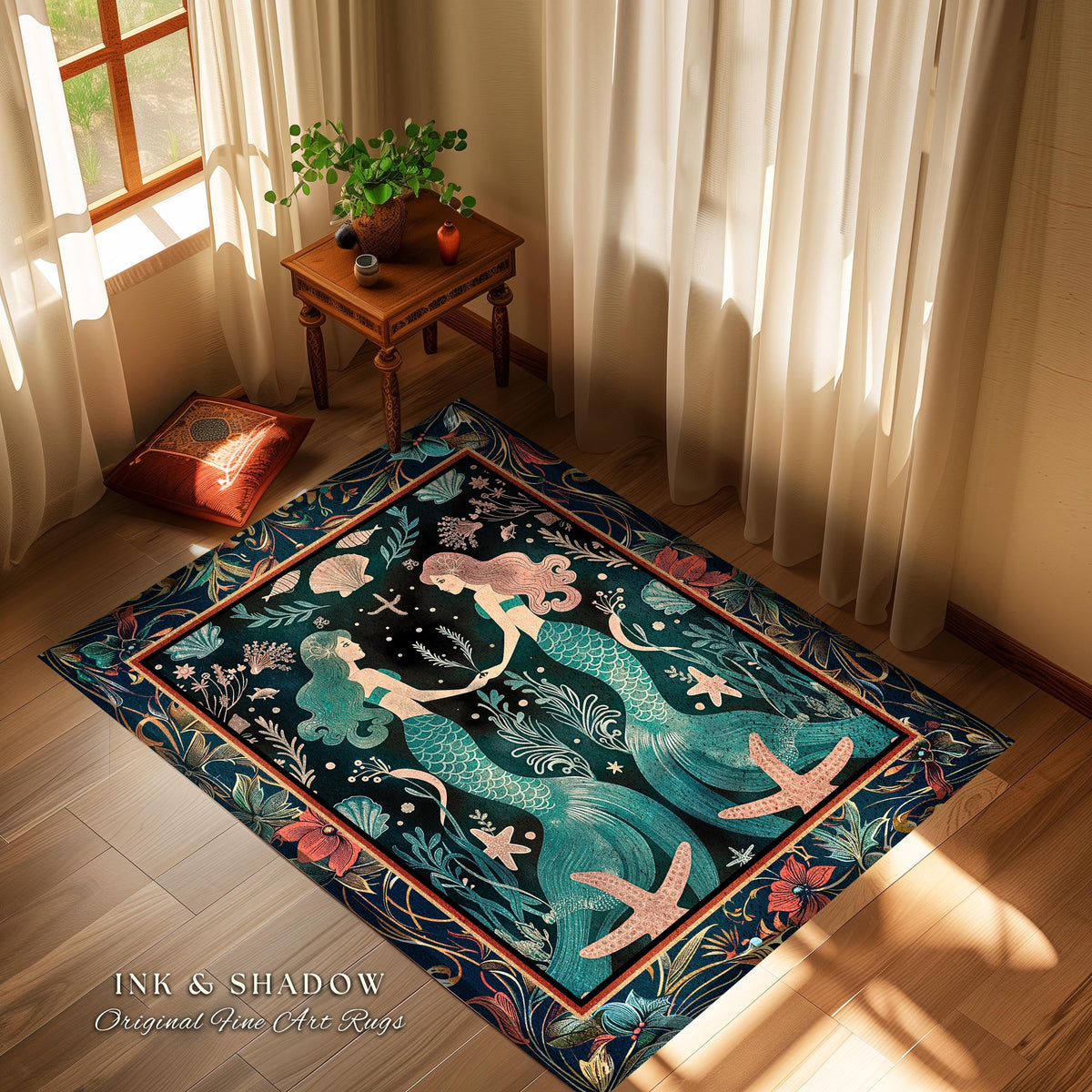 Ethereal Art Nouveau Sea Nymph Rug Whimsical Dark Academia Coastal Decor | Mystical Mermaid Cottagecore Enchanted Ocean Vintage Folklore Rug