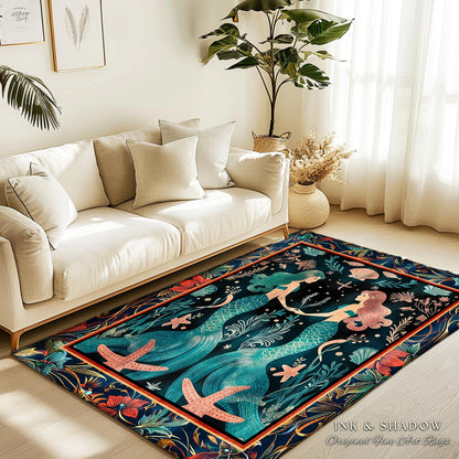 Ethereal Art Nouveau Sea Nymph Rug Whimsical Dark Academia Coastal Decor | Mystical Mermaid Cottagecore Enchanted Ocean Vintage Folklore Rug