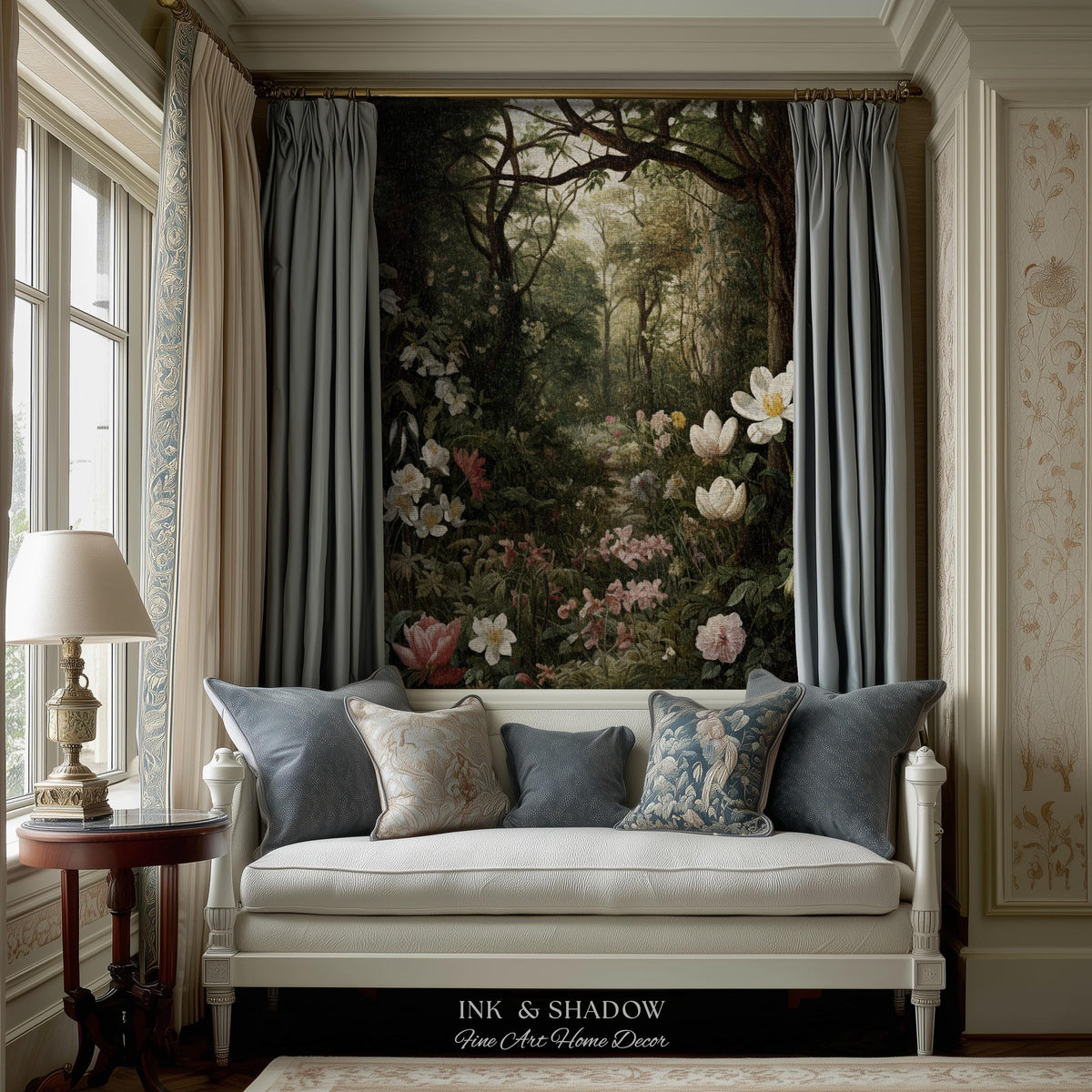 Dark Woodland Tapestry Blanket | Whimsigothic Wall Art Woven Tapestry Victorian Gothic Aesthetic Dark Botanical Floral Fairycore Home Decor