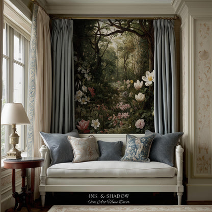 Dark Woodland Tapestry Blanket | Whimsigothic Wall Art Woven Tapestry Victorian Gothic Aesthetic Dark Botanical Floral Fairycore Home Decor