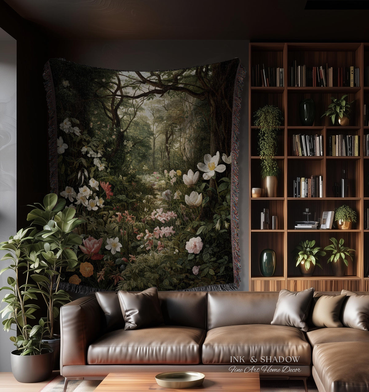 Dark Woodland Tapestry Blanket | Whimsigothic Wall Art Woven Tapestry Victorian Gothic Aesthetic Dark Botanical Floral Fairycore Home Decor