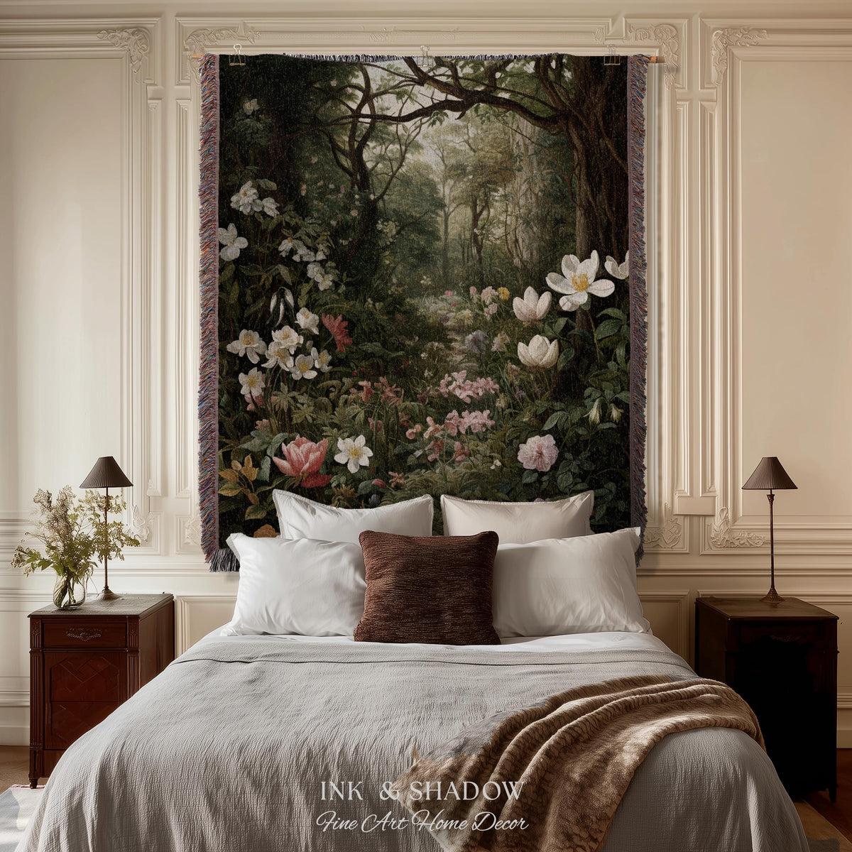 Dark Woodland Tapestry Blanket | Whimsigothic Wall Art Woven Tapestry Victorian Gothic Aesthetic Dark Botanical Floral Fairycore Home Decor
