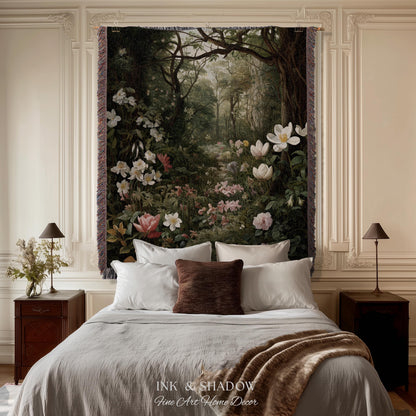 Dark Woodland Tapestry Blanket | Whimsigothic Wall Art Woven Tapestry Victorian Gothic Aesthetic Dark Botanical Floral Fairycore Home Decor