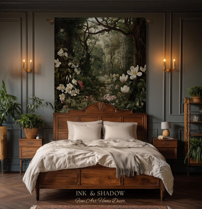 Dark Woodland Tapestry Blanket | Whimsigothic Wall Art Woven Tapestry Victorian Gothic Aesthetic Dark Botanical Floral Fairycore Home Decor