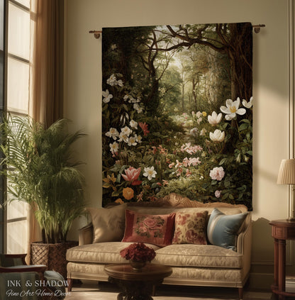 Dark Woodland Tapestry Blanket | Whimsigothic Wall Art Woven Tapestry Victorian Gothic Aesthetic Dark Botanical Floral Fairycore Home Decor