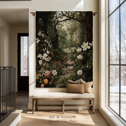 Dark Woodland Tapestry Blanket | Whimsigothic Wall Art Woven Tapestry Victorian Gothic Aesthetic Dark Botanical Floral Fairycore Home Decor