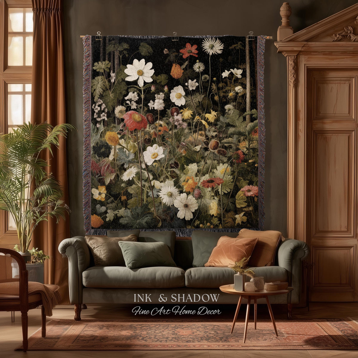 Whimsigothic Wildflowers Fairy Grunge Dark Botanical Woven Blanket | Moody Victorian Gothic Floral Art Academia Tapestry Throw Wall Hanging