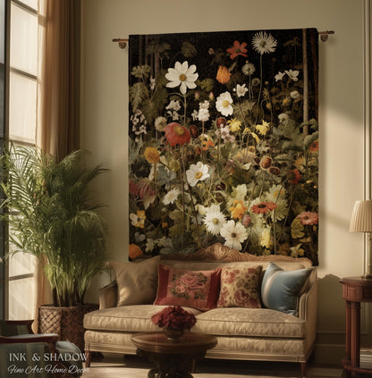 Whimsigothic Wildflowers Fairy Grunge Dark Botanical Woven Blanket | Moody Victorian Gothic Floral Art Academia Tapestry Throw Wall Hanging