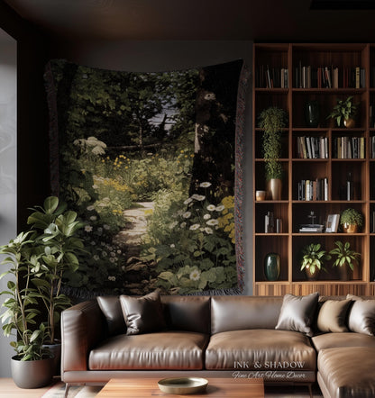Dark Fairycore Woodland Woven Tapestry Throw | Renaissance Style Botanical Art Home Decor Victorian Gothic Forest Path Blanket Wall Hanging