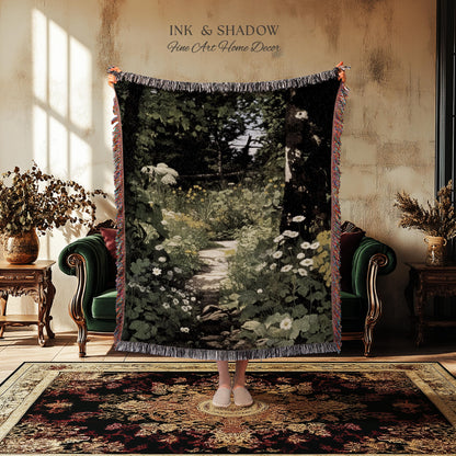 Dark Fairycore Woodland Woven Tapestry Throw | Renaissance Style Botanical Art Home Decor Victorian Gothic Forest Path Blanket Wall Hanging