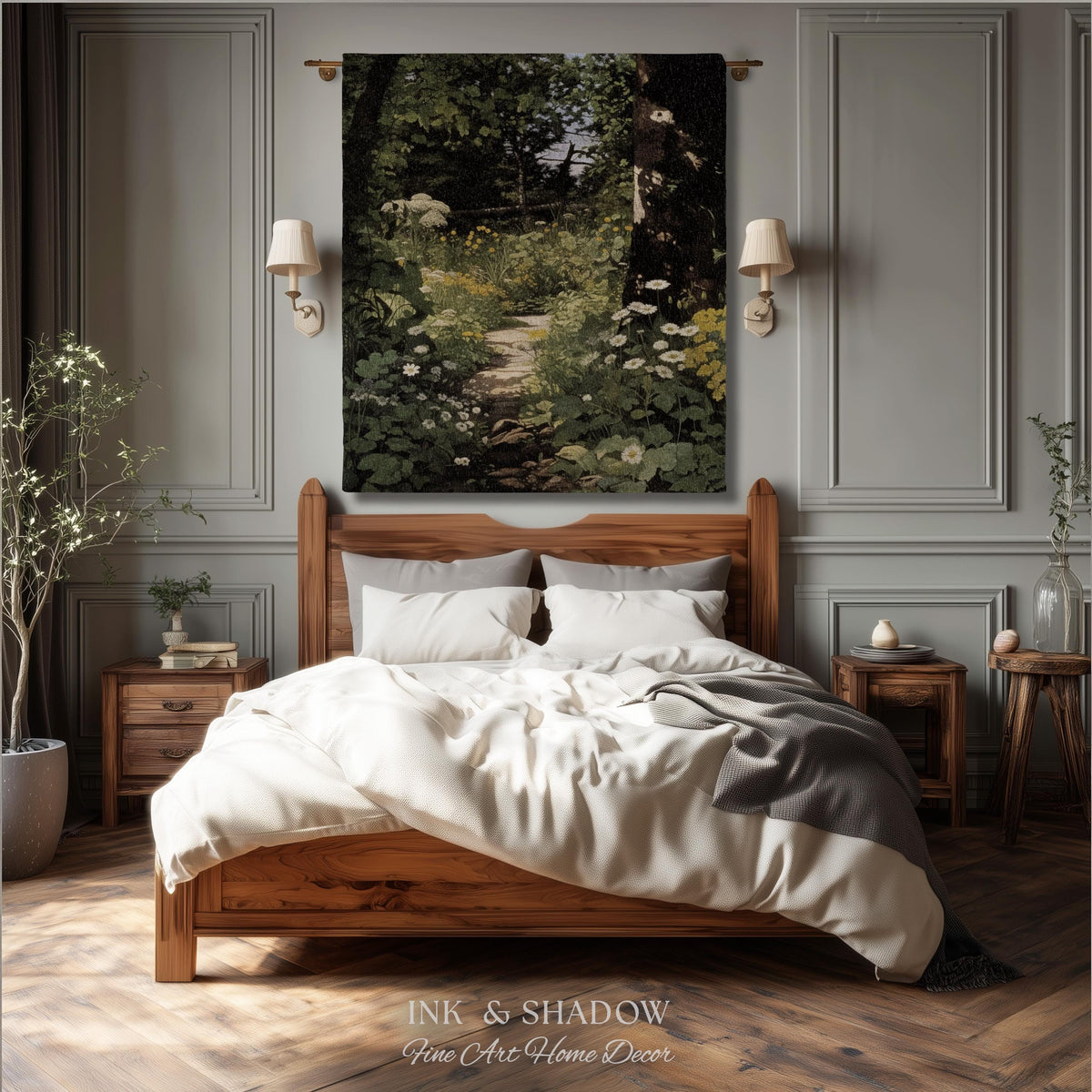 Dark Fairycore Woodland Woven Tapestry Throw | Renaissance Style Botanical Art Home Decor Victorian Gothic Forest Path Blanket Wall Hanging