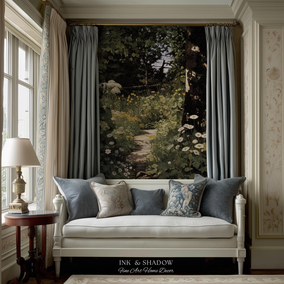 Dark Fairycore Woodland Woven Tapestry Throw | Renaissance Style Botanical Art Home Decor Victorian Gothic Forest Path Blanket Wall Hanging