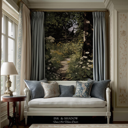 Dark Fairycore Woodland Woven Tapestry Throw | Renaissance Style Botanical Art Home Decor Victorian Gothic Forest Path Blanket Wall Hanging