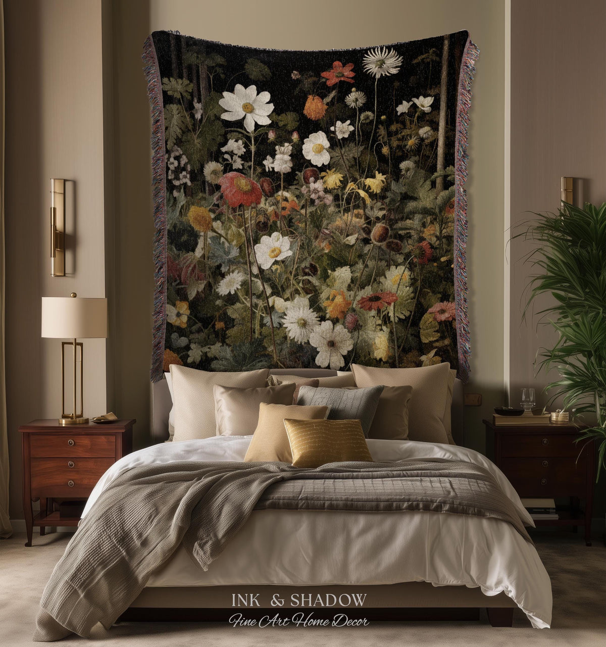 Whimsigothic Wildflowers Fairy Grunge Dark Botanical Woven Blanket | Moody Victorian Gothic Floral Art Academia Tapestry Throw Wall Hanging