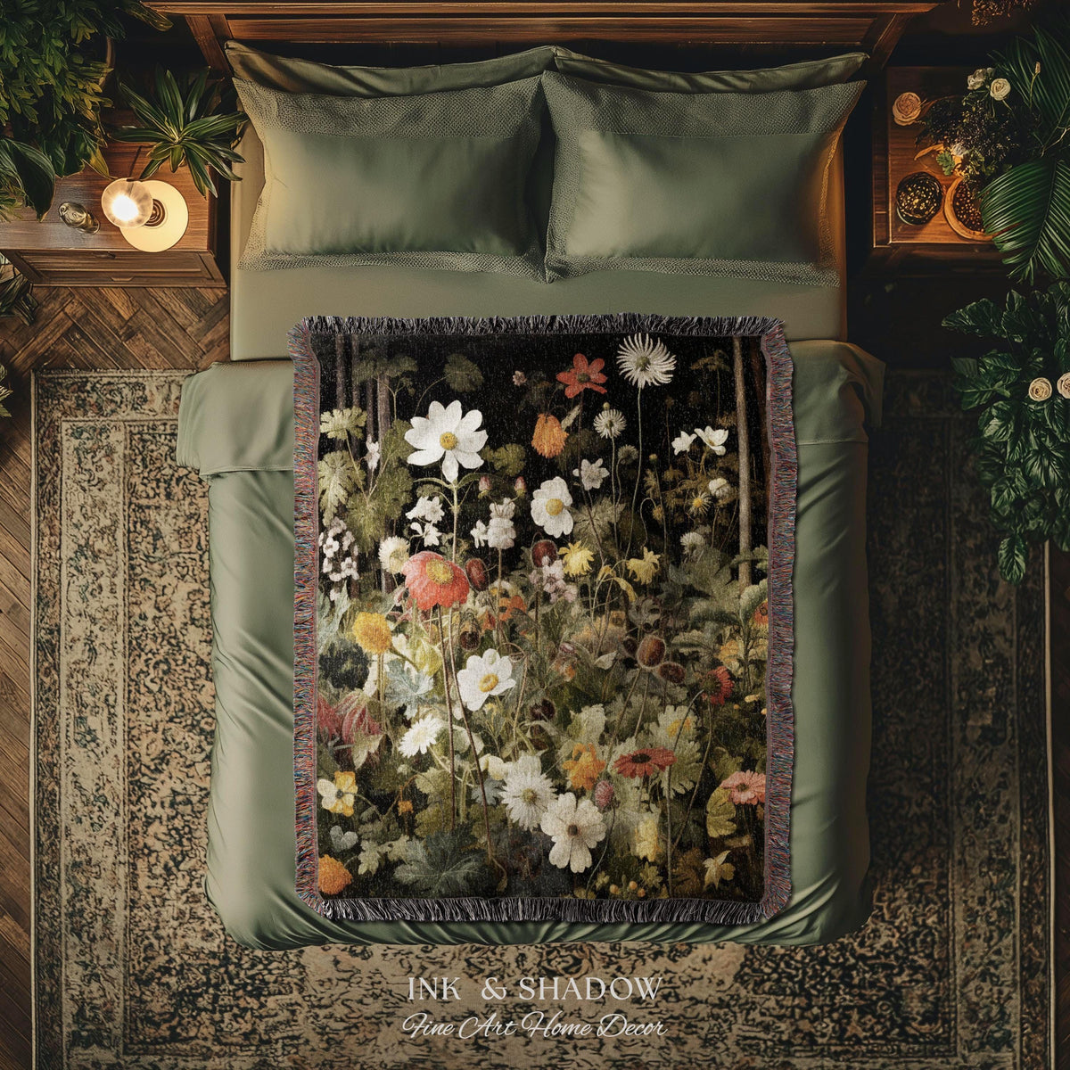 Whimsigothic Wildflowers Fairy Grunge Dark Botanical Woven Blanket | Moody Victorian Gothic Floral Art Academia Tapestry Throw Wall Hanging