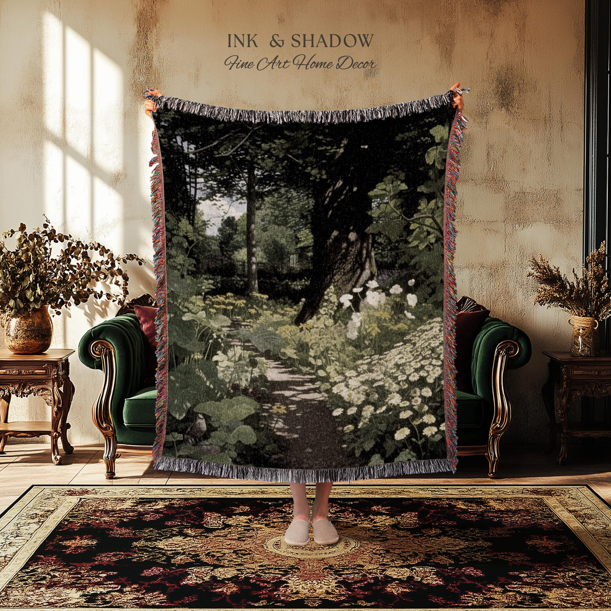 Woodland Gothic Floral Woven Tapestry | Victorian Forest Path Throw Blanket Whimsigothic Wall Art Botanical Fairycore Aesthetic Home Decor