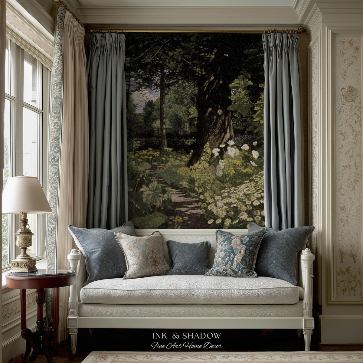 Woodland Gothic Floral Woven Tapestry | Victorian Forest Path Throw Blanket Whimsigothic Wall Art Botanical Fairycore Aesthetic Home Decor