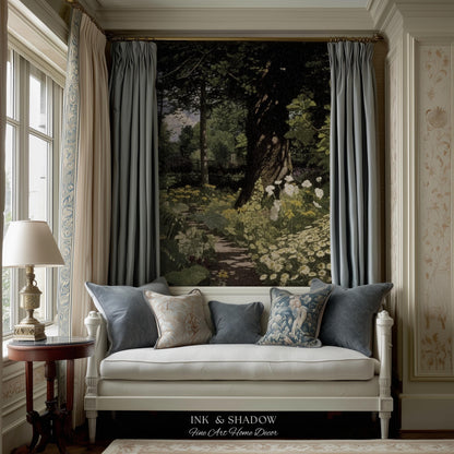 Woodland Gothic Floral Woven Tapestry | Victorian Forest Path Throw Blanket Whimsigothic Wall Art Botanical Fairycore Aesthetic Home Decor