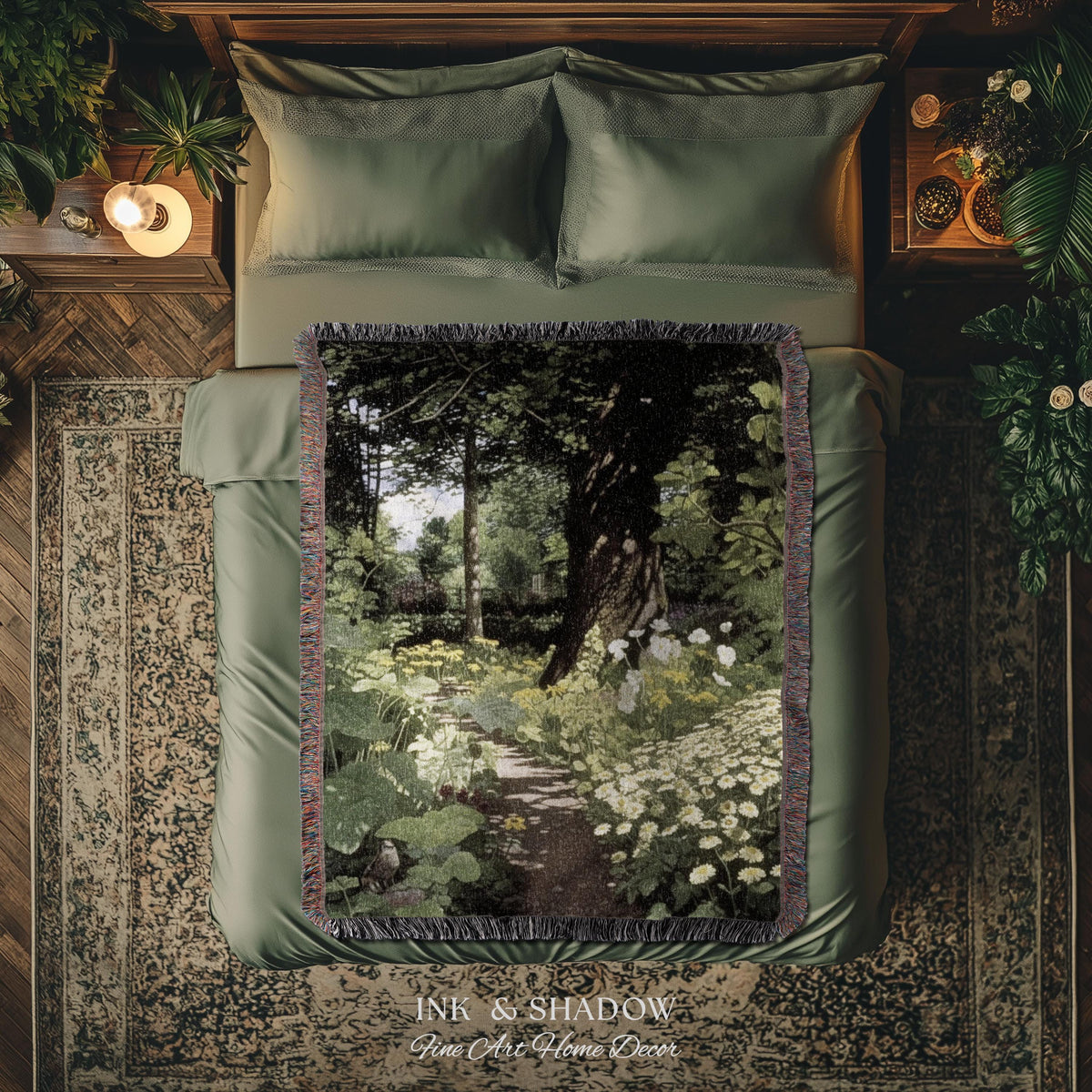 Woodland Gothic Floral Woven Tapestry | Victorian Forest Path Throw Blanket Whimsigothic Wall Art Botanical Fairycore Aesthetic Home Decor