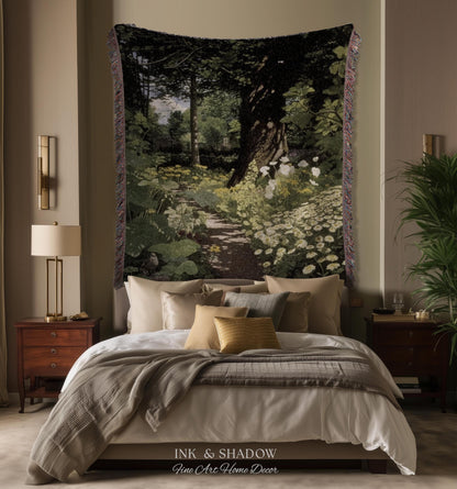 Woodland Gothic Floral Woven Tapestry | Victorian Forest Path Throw Blanket Whimsigothic Wall Art Botanical Fairycore Aesthetic Home Decor