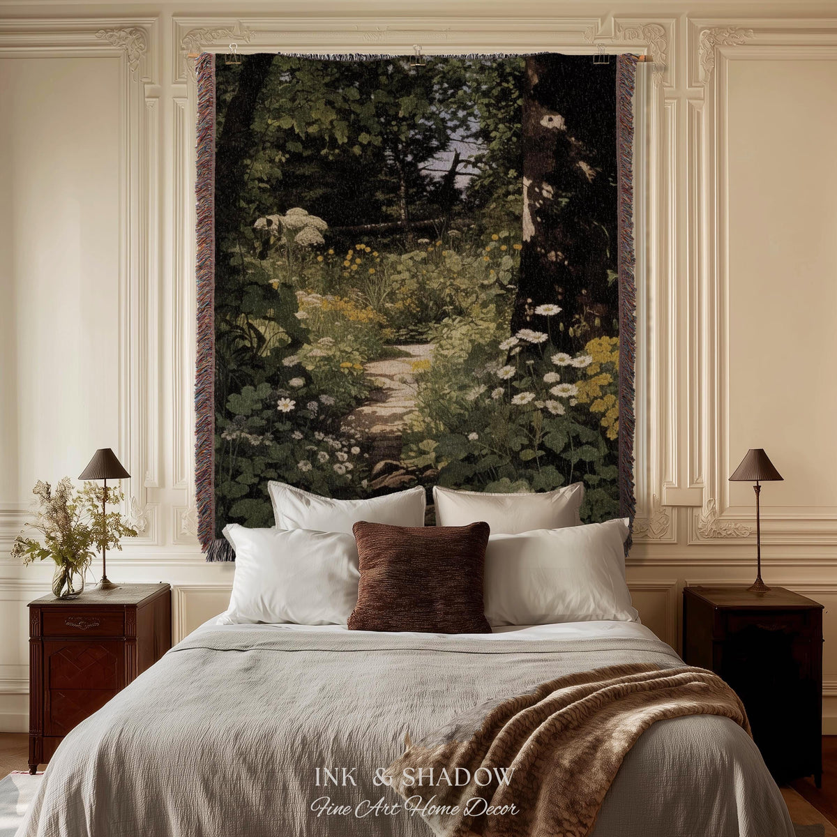 Dark Fairycore Woodland Woven Tapestry Throw | Renaissance Style Botanical Art Home Decor Victorian Gothic Forest Path Blanket Wall Hanging