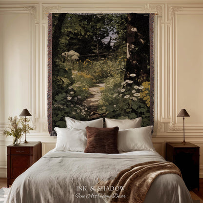 Dark Fairycore Woodland Woven Tapestry Throw | Renaissance Style Botanical Art Home Decor Victorian Gothic Forest Path Blanket Wall Hanging