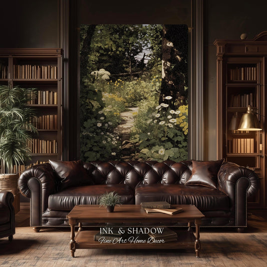 Dark Fairycore Woodland Woven Tapestry Throw | Renaissance Style Botanical Art Home Decor Victorian Gothic Forest Path Blanket Wall Hanging