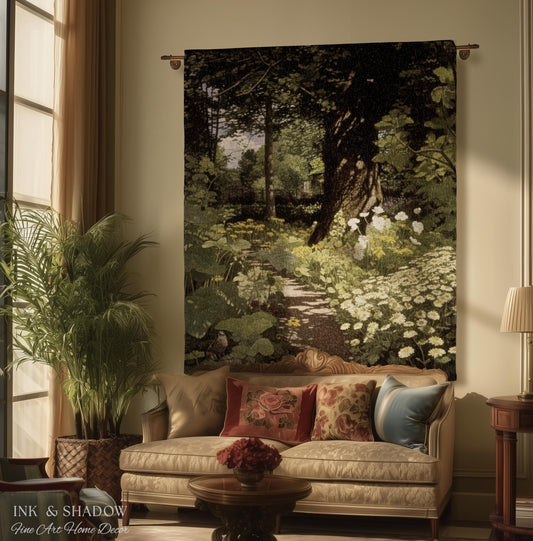 Woodland Gothic Floral Woven Tapestry | Victorian Forest Path Throw Blanket Whimsigothic Wall Art Botanical Fairycore Aesthetic Home Decor