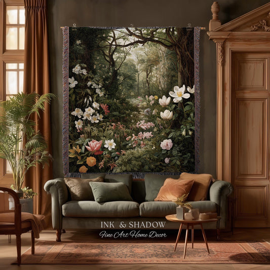 Dark Woodland Tapestry Blanket | Whimsigothic Wall Art Woven Tapestry Victorian Gothic Aesthetic Dark Botanical Floral Fairycore Home Decor