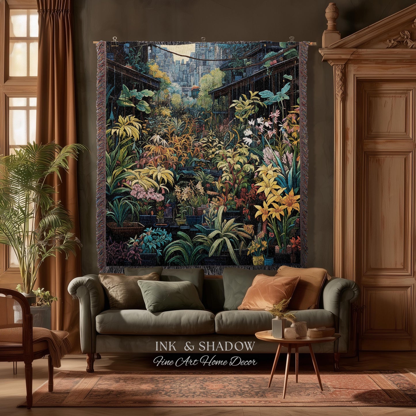 Amsterdam Flower Market Dark Floral Woven Throw Blanket | Flower Wall Backdrop Floral Tapestry Flower Market Wall Art Botanical Blanket |