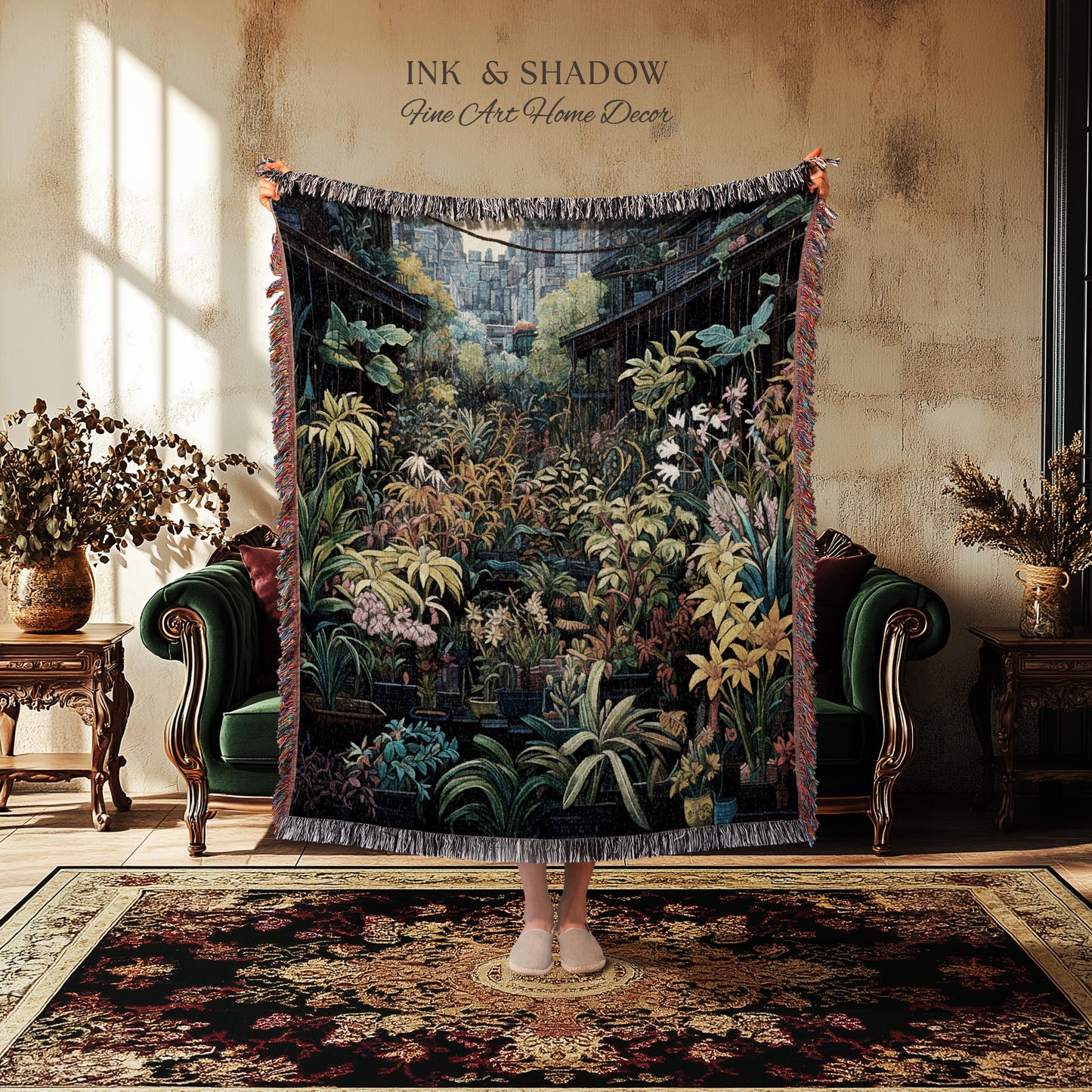 Amsterdam Flower Market Dark Floral Woven Throw Blanket | Flower Wall Backdrop Floral Tapestry Flower Market Wall Art Botanical Blanket |