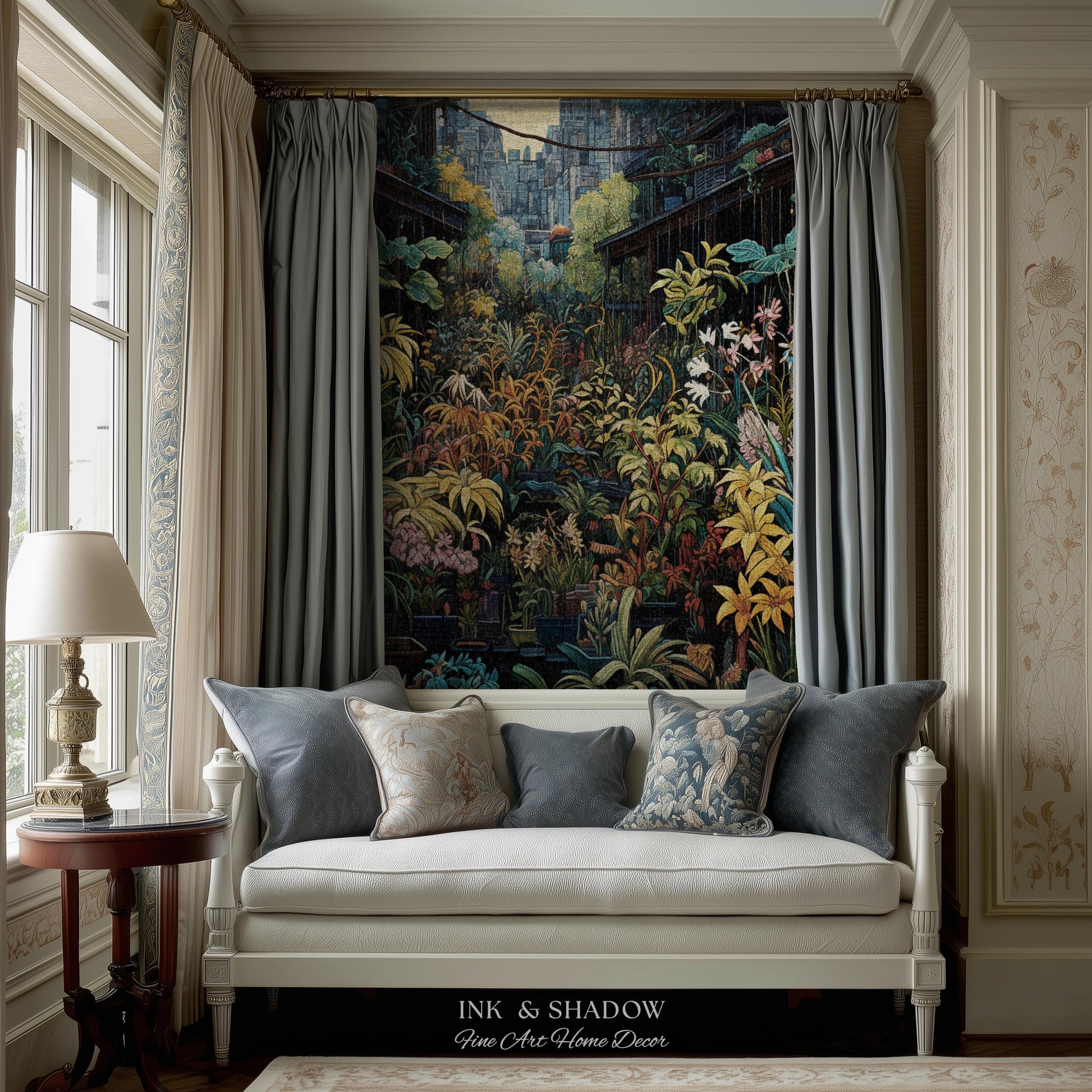 Amsterdam Flower Market Dark Floral Woven Throw Blanket | Flower Wall Backdrop Floral Tapestry Flower Market Wall Art Botanical Blanket |
