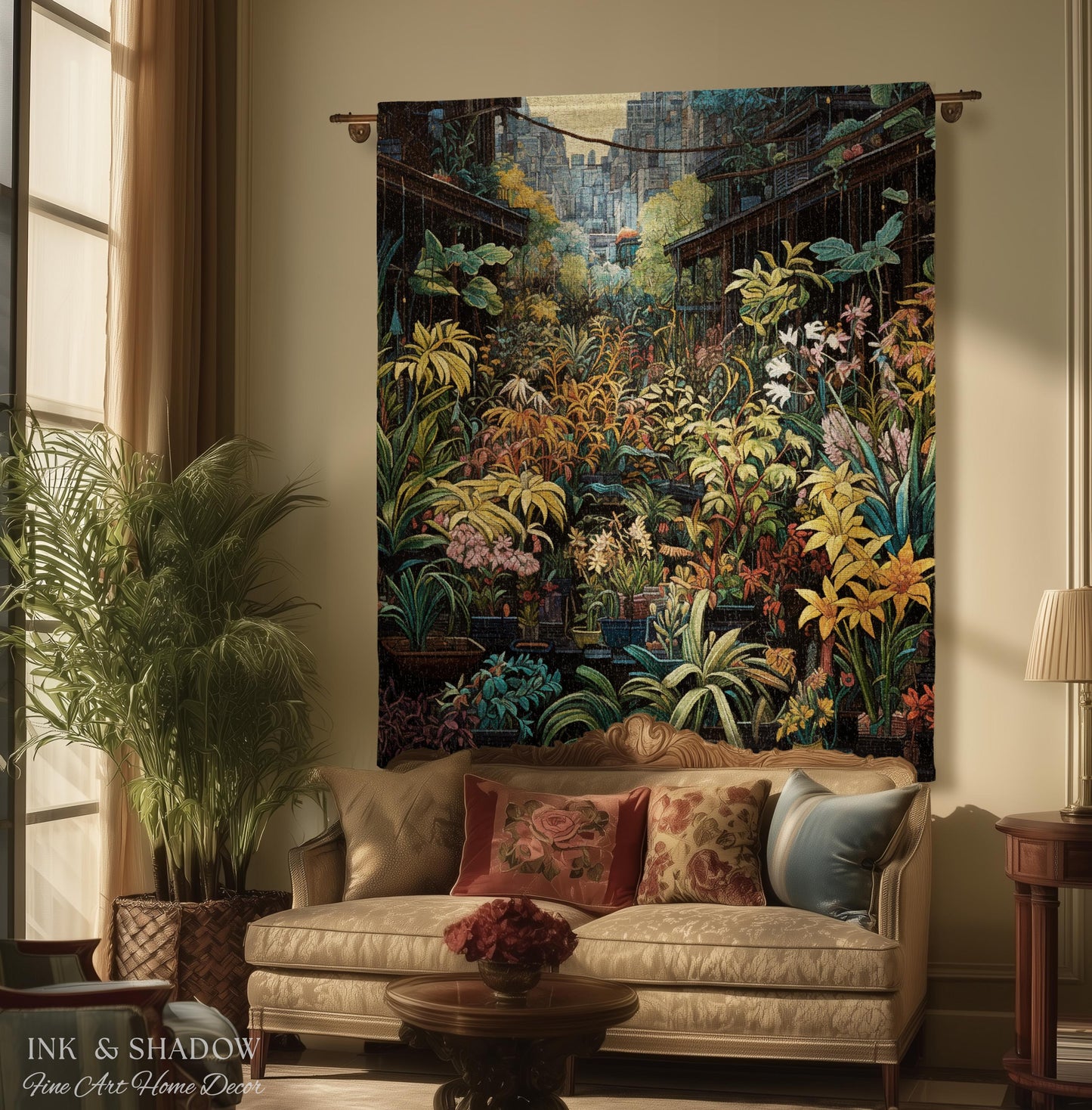 Amsterdam Flower Market Dark Floral Woven Throw Blanket | Flower Wall Backdrop Floral Tapestry Flower Market Wall Art Botanical Blanket |