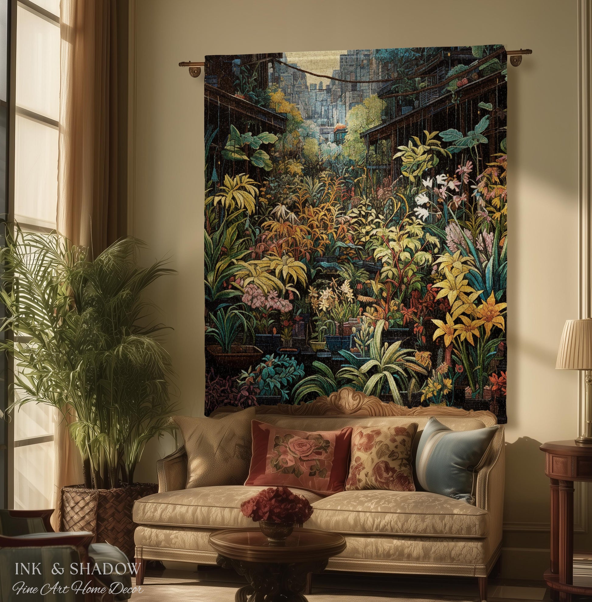 Amsterdam Flower Market Dark Floral Woven Throw Blanket | Flower Wall Backdrop Floral Tapestry Flower Market Wall Art Botanical Blanket |